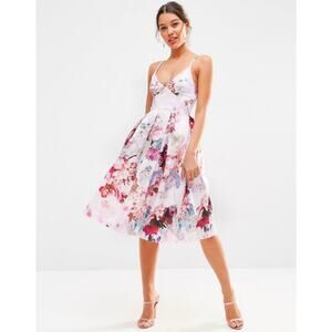 ASOS Strappy Midi Floral Fit & Flare Dress Sz 8 Lilac Bloom Summer Romantic Pink